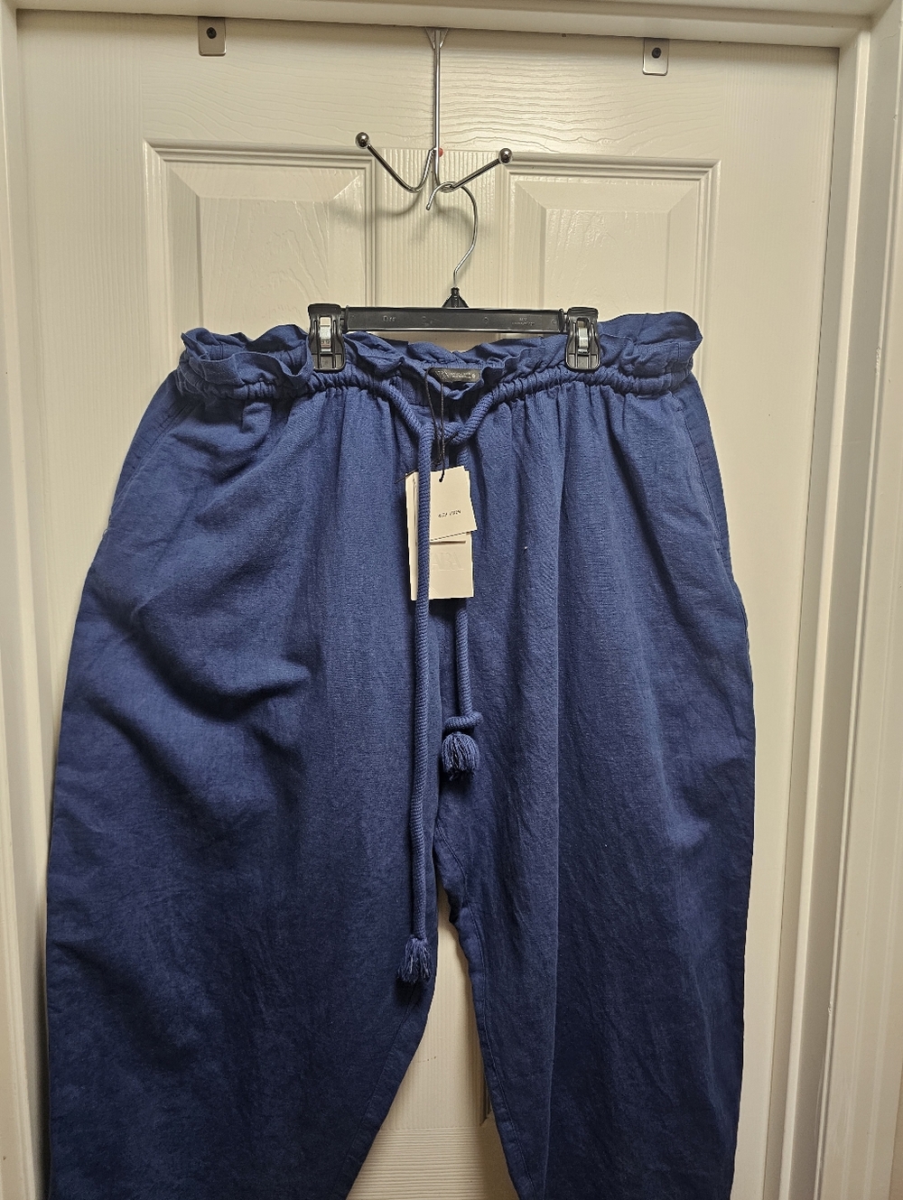 ZARA Navy Capri Pants Linen Cotton Blend Size L Oversized Drawstring Waist NWT - Picture 2 of 13